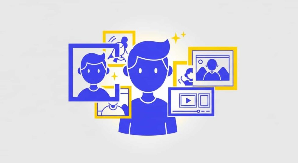 Cartoon showing a person embracing all versions of their self-image from mirror, photos, and real life