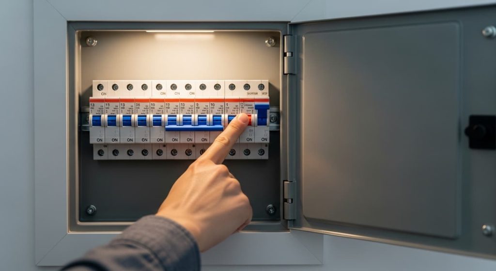 Home electrical panel with a tripped circuit breaker, troubleshooting power issues for bathroom mirror