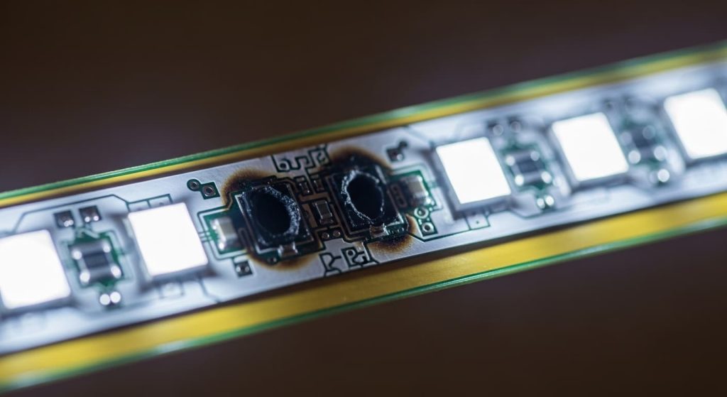 close up of burnt out LED strip on bathroom mirror showing dark spots

