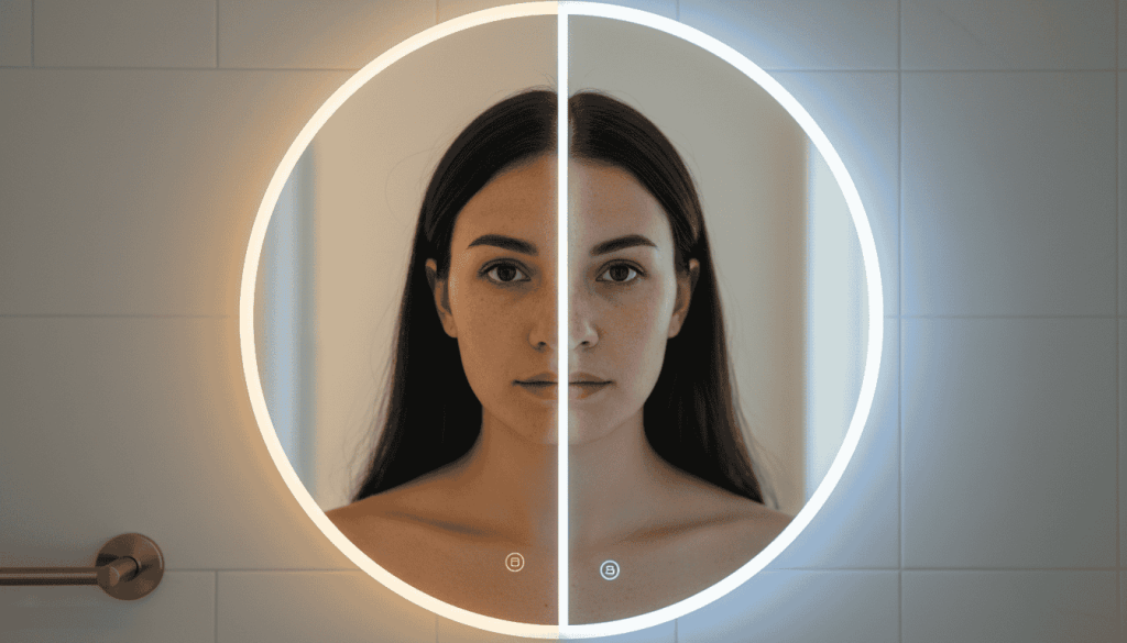 Comparison of warm white versus cool white LED mirror lighting on a person's face, showing how color temperature affects brightness and clarity
