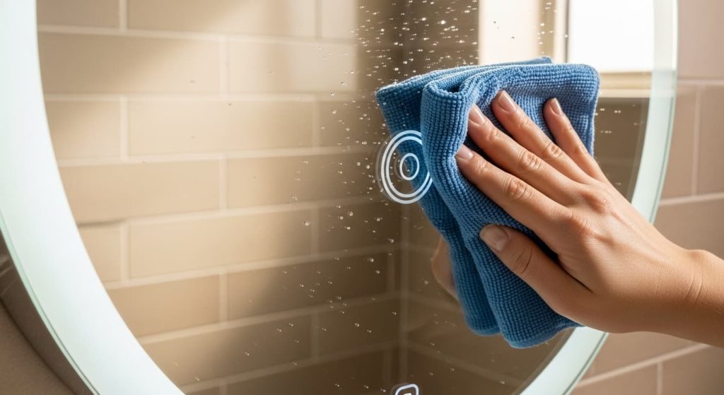 Cleaning LED mirror touch sensor with microfiber cloth to fix unresponsive button