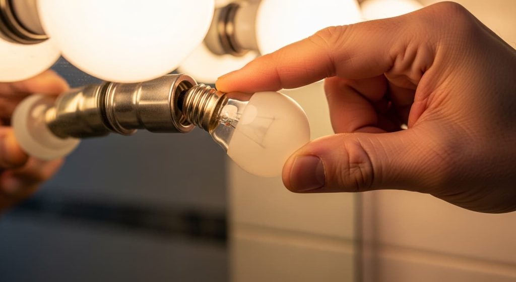 Hand tightening a loose light bulb in bathroom vanity fixture to stop flickering.