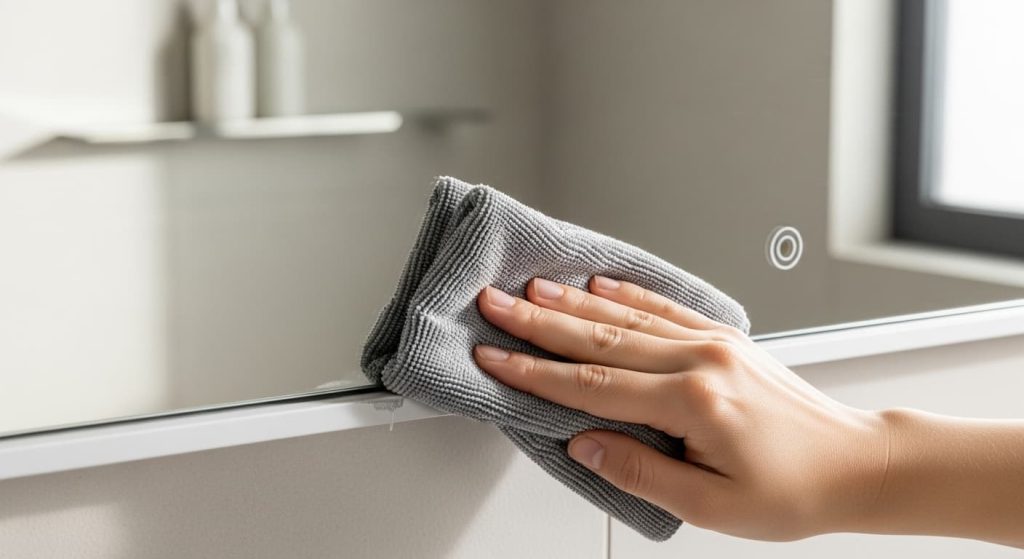 wiping bathroom mirror touch sensor with microfiber cloth to fix non-responsive light