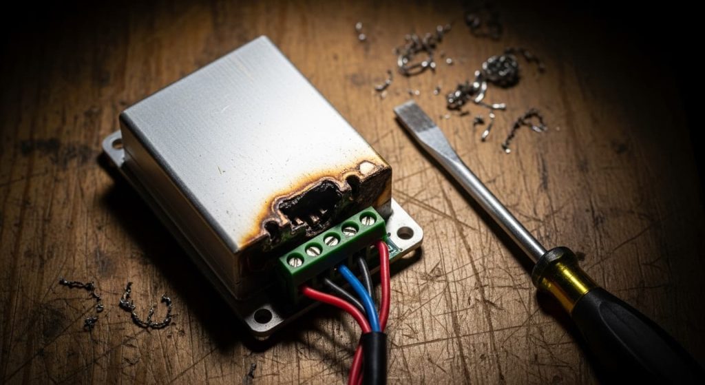 Burnt and damaged LED driver power supply from a bathroom mirror, showing scorch marks