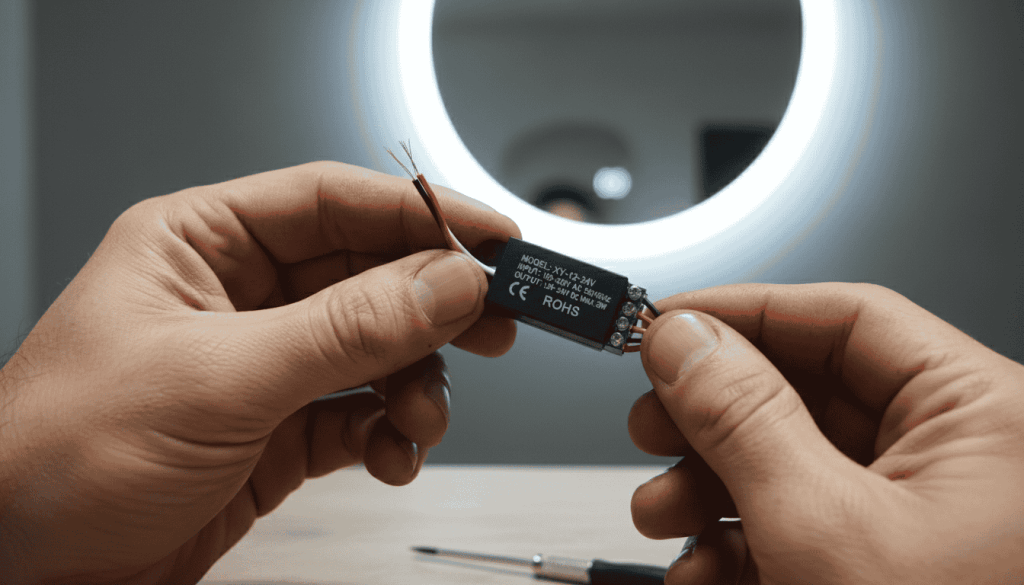 Electrician holding an LED driver, the component responsible for power supply issues that can cause a bathroom mirror to be dim