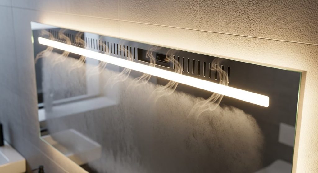 LED mirror ventilation slots along top edge showing heat distortion indicating overheating protection trigger