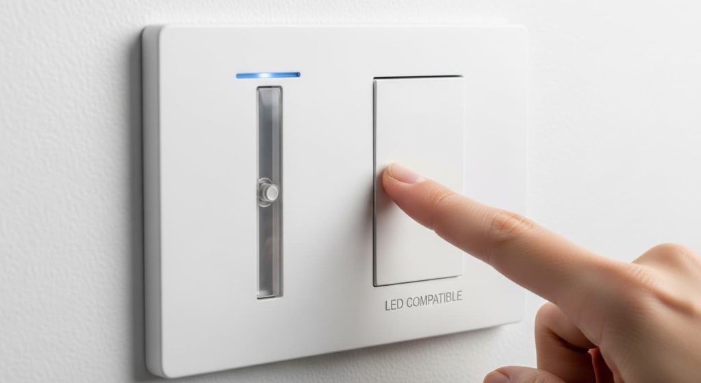 Finger pointing at LED compatible label on bathroom dimmer light switch