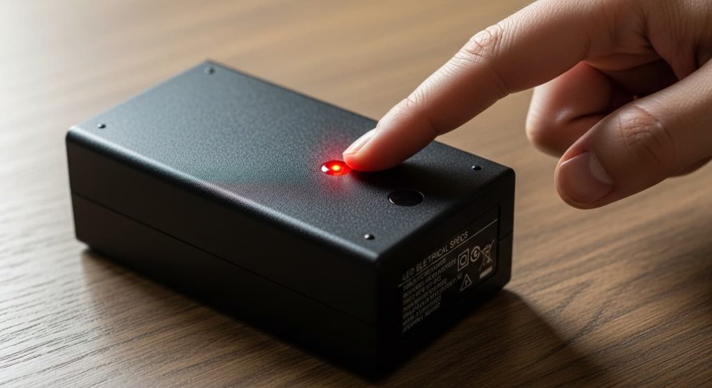 inspecting LED mirror power adapter indicator light for signs of failure or burning smell