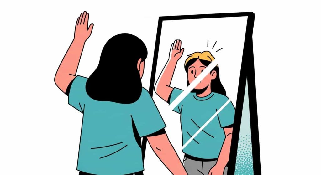 Cartoon of a person looking into a mirror, with their reflection shown as a reversed version