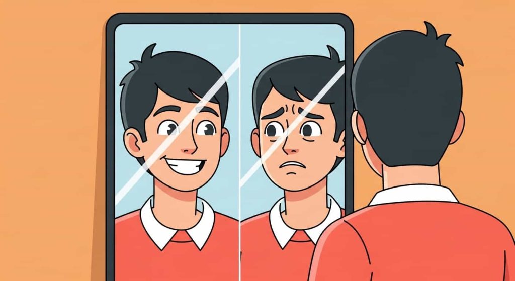 Cartoon person seeing two different reflections in a mirror—confidence and self-doubt.