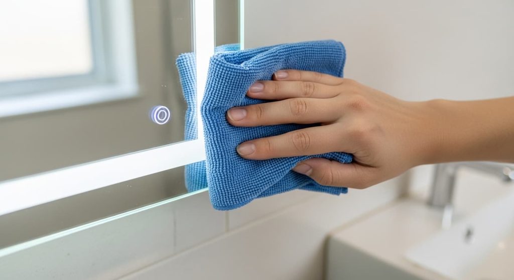 Cleaning the touch sensor area on a frameless LED bathroom mirror with a microfiber cloth