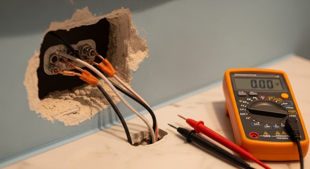 inspecting electrical wire connections behind bathroom mirror with wire nuts

