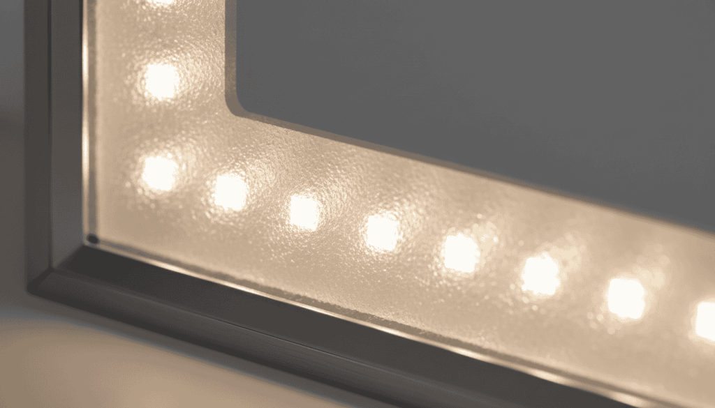 Close-up of a thick frosted glass diffuser on an LED mirror, which can block light and reduce overall brightness