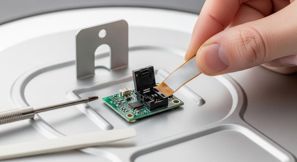 Reconnecting loose ribbon cable inside LED mirror to repair unresponsive touch sensor