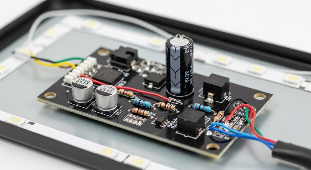 Exposed LED driver circuit board inside mirror with bulging capacitor indicating electronic failure