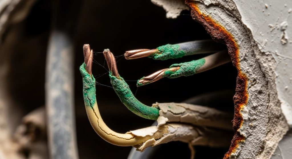 Corroded electrical wire connections behind bathroom light fixture causing fire risk