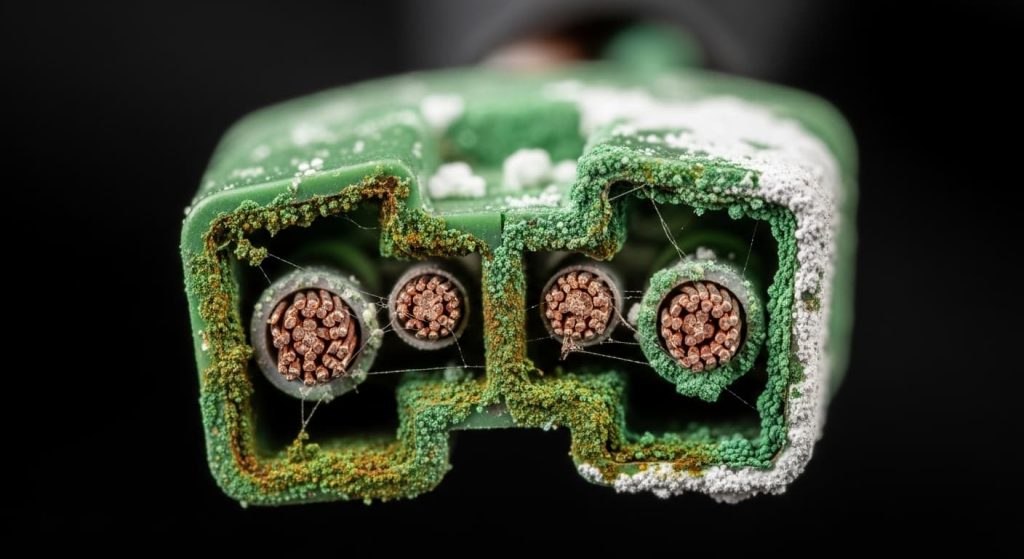 close up of corroded electrical wire connectors with green buildup from bathroom moisture damage