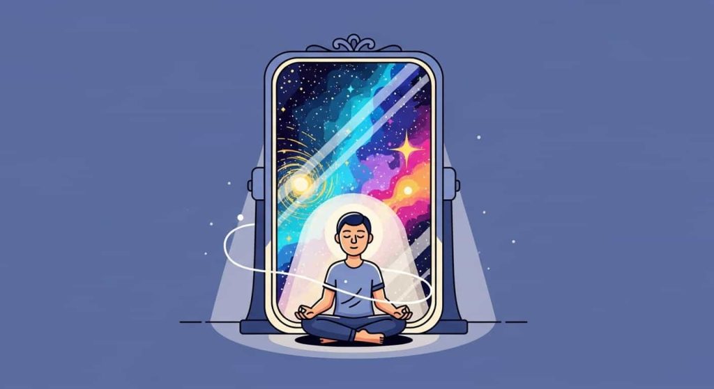 Cartoon meditation scene with a mirror reflecting the cosmos and universal light.