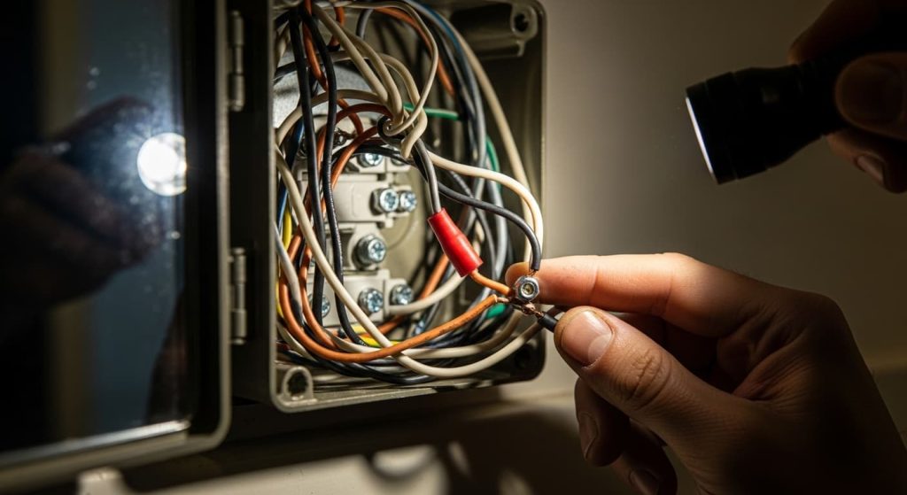 Loose wire nut connection inside an electrical box behind a bathroom mirror