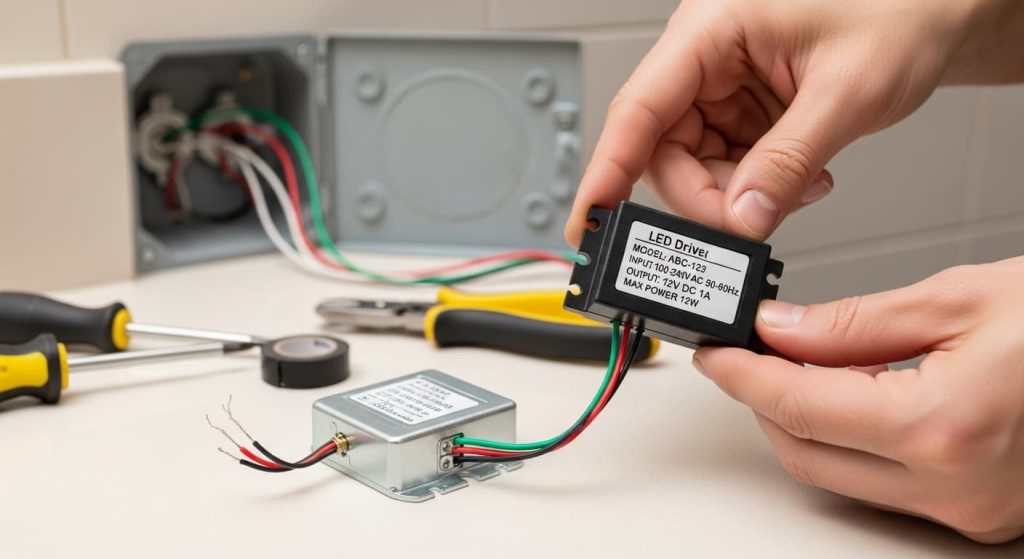 replacing LED driver power supply for bathroom mirror showing voltage specifications

