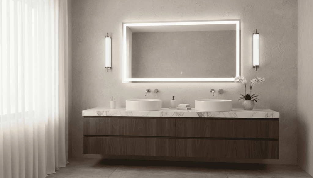 Bathroom vanity with an LED mirror and vertical side sconces providing even, shadow-free task lighting for grooming
