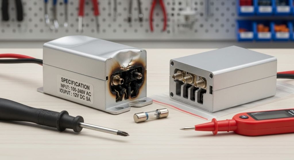 Faulty LED driver with scorch marks and replacement power adapter for LED mirror touch sensor repair