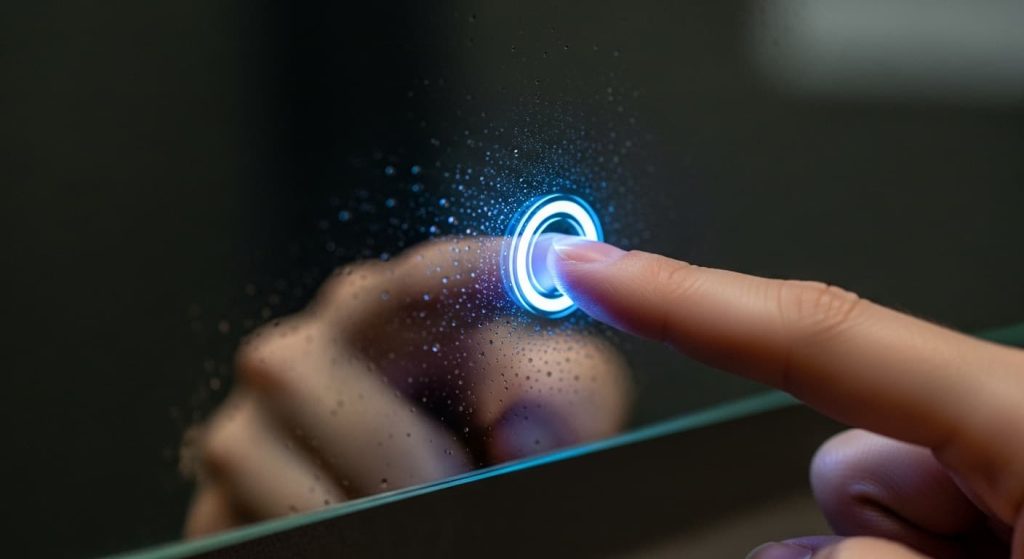 Finger touching LED mirror sensor with water droplets causing false touch detection and random shut-offs