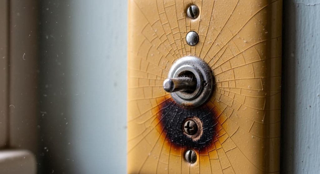 Old bathroom light switch with cracked plate and scorch mark indicating electrical failure.