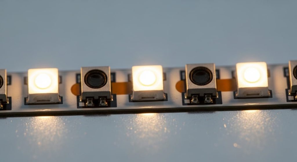 close up of LED strip with burned out dark spots next to working lights in vanity mirror