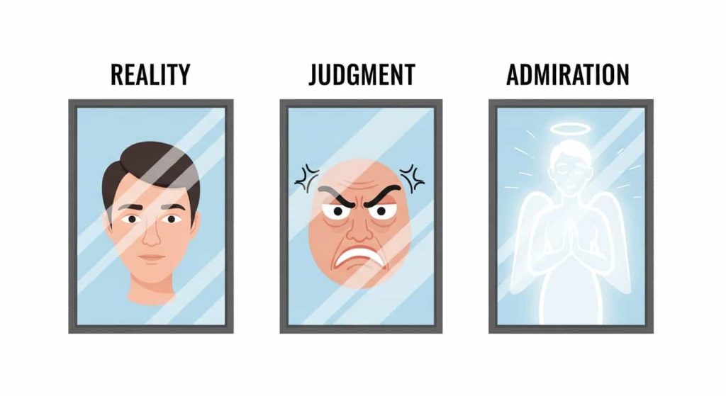 Cartoon illustration of three mirrors representing reality, judgment, and lost self.