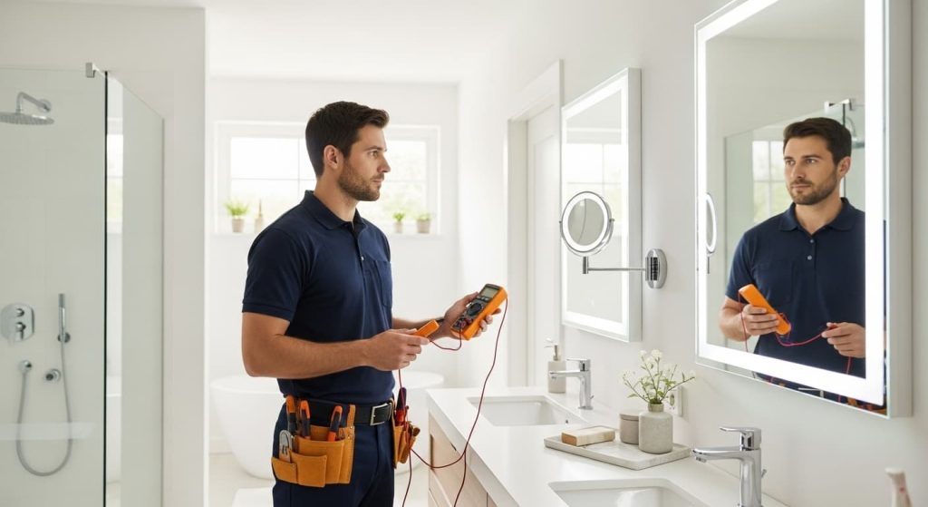 Professional electrician troubleshooting a non-working LED mirror in a bathroom