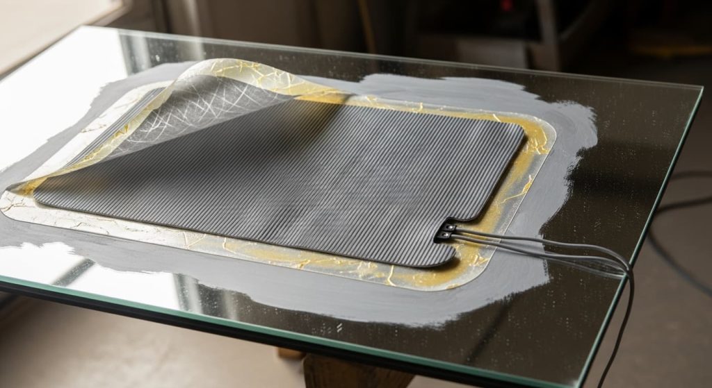 peeled heating pad on back of anti fog bathroom mirror needing repair

