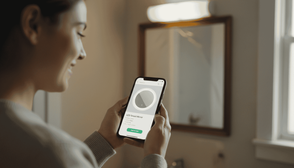 Person shopping for a new LED mirror on a smartphone, checking key specifications like lumens and CRI for better bathroom brightness