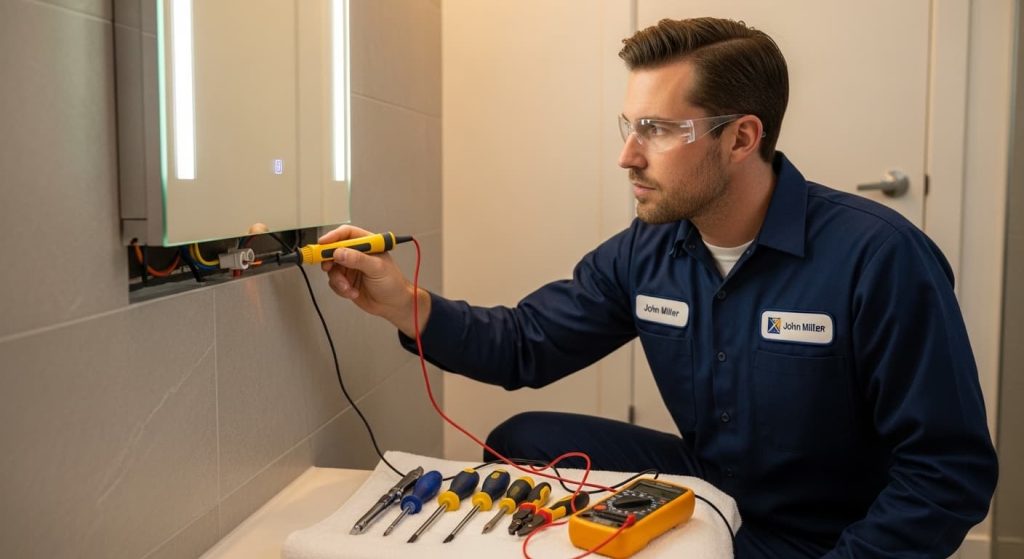 Licensed electrician testing electrical connections on LED mirror for professional touch sensor repair