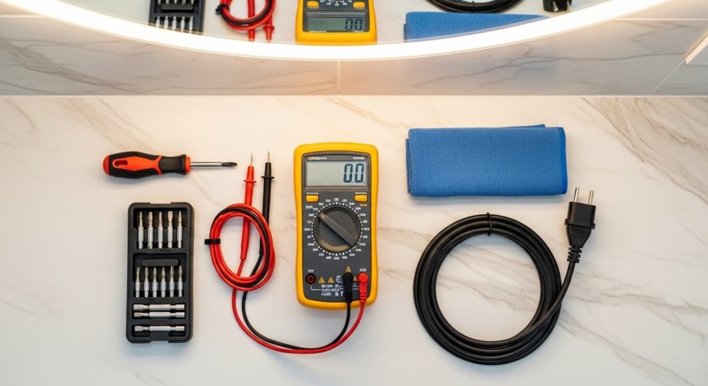 Flat lay of electrical diagnostic tools including multimeter and screwdrivers for troubleshooting LED mirror