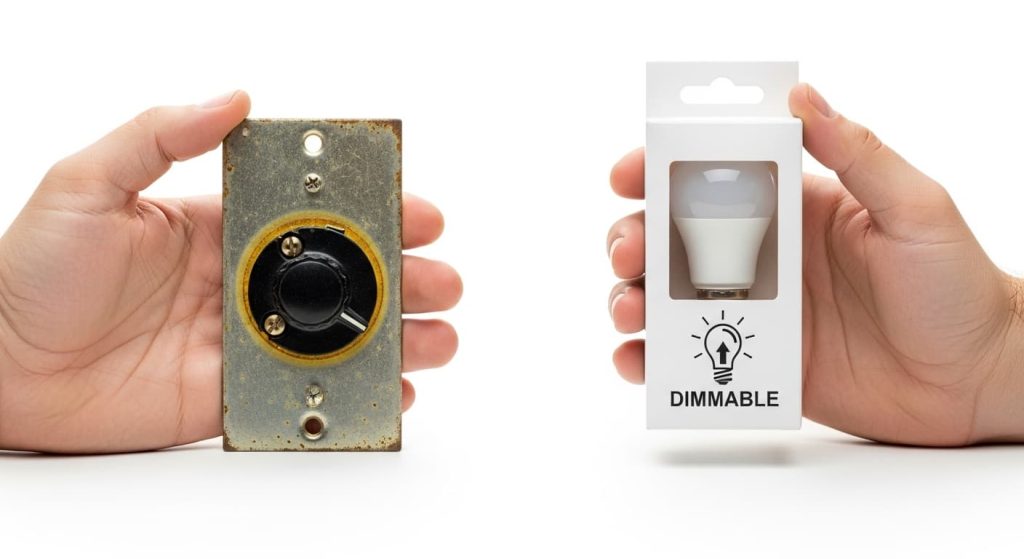 Comparing old dimmer switch with new dimmable LED bulb packaging for compatibility.