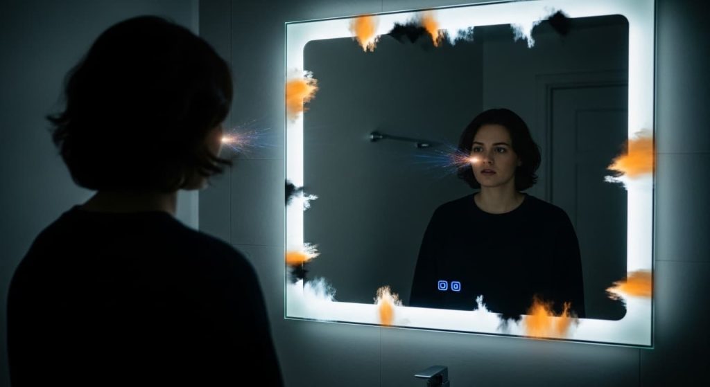 person looking at flickering LED mirror lights indicating loose wiring or failing driver