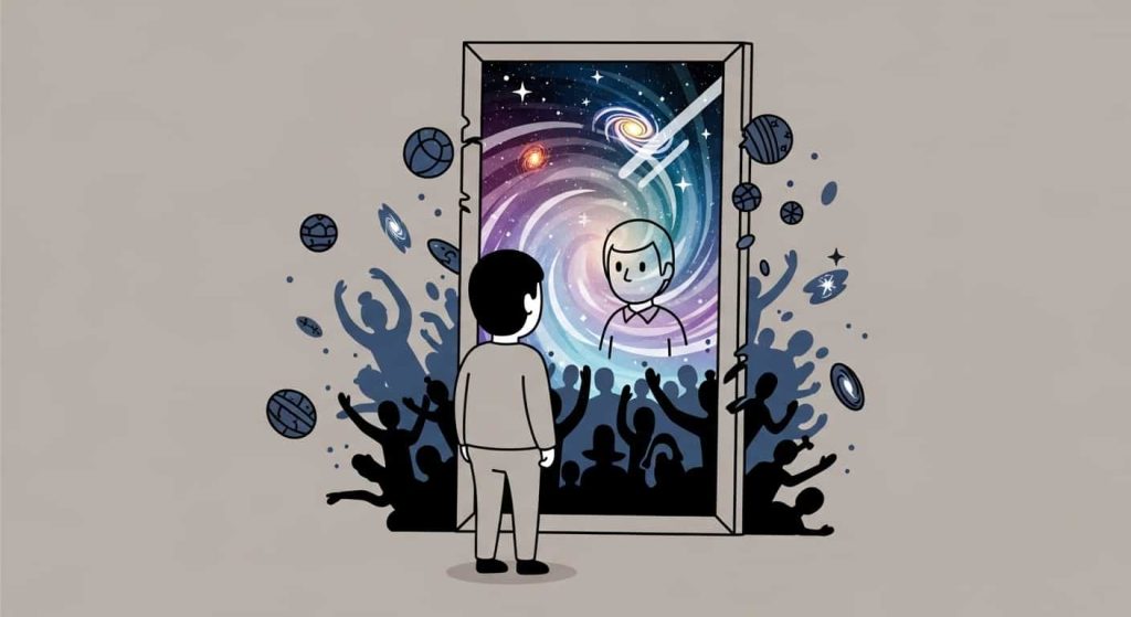 Cartoon showing a mirror reflecting society, the universe, and self as interconnected.
