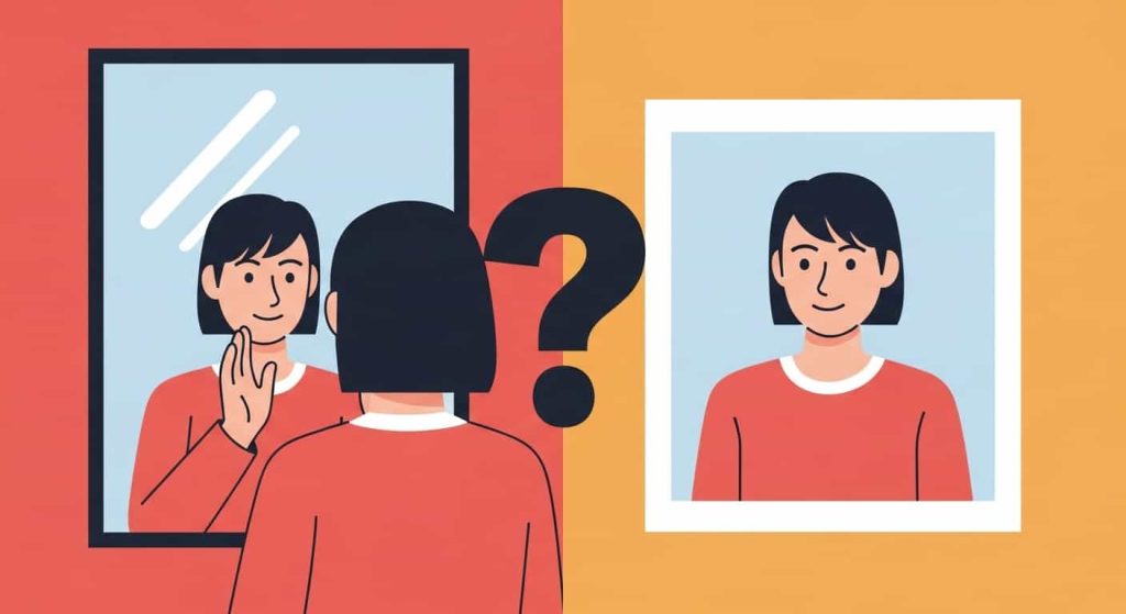Cartoon comparison of mirror reflection vs camera photo to show accuracy differences