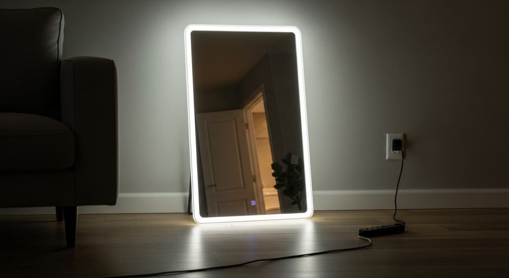 LED mirror plugged into extension cord testing different outlet to isolate power supply problem