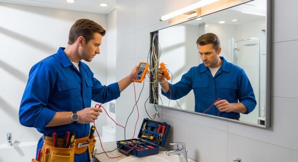 professional electrician using multimeter to check wiring on hardwired bathroom mirror