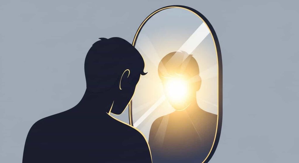 Cartoon person gazing into a mirror that reflects inner light and wisdom.