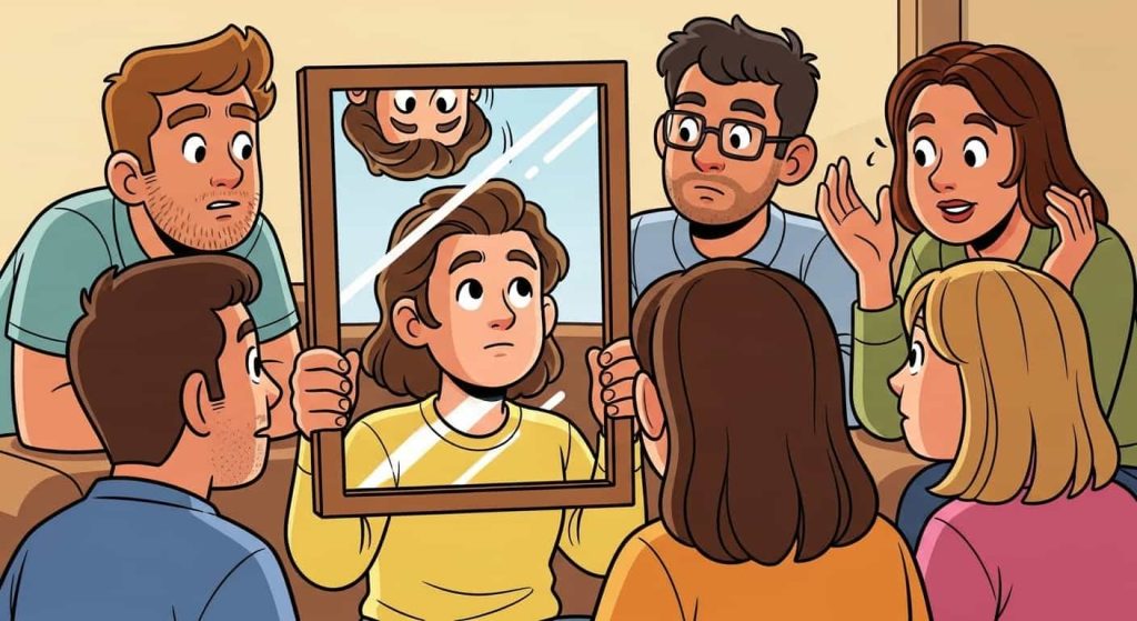 Cartoon showing how others see the unflipped version of your face, not the mirror version