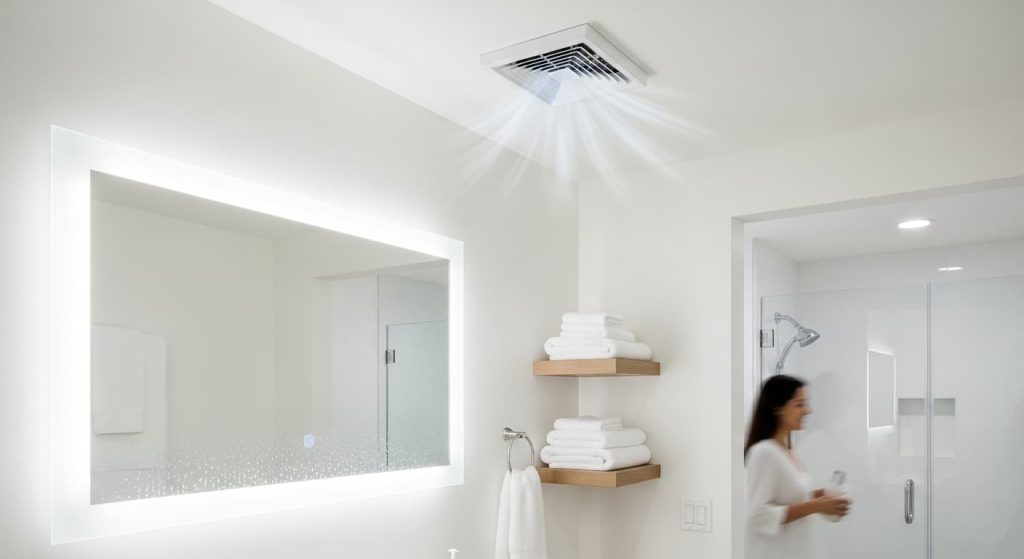 Modern bathroom with running exhaust fan preventing humidity damage to LED mirror touch sensor