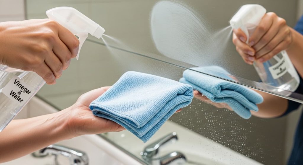 cleaning bathroom mirror with vinegar solution and microfiber cloth

