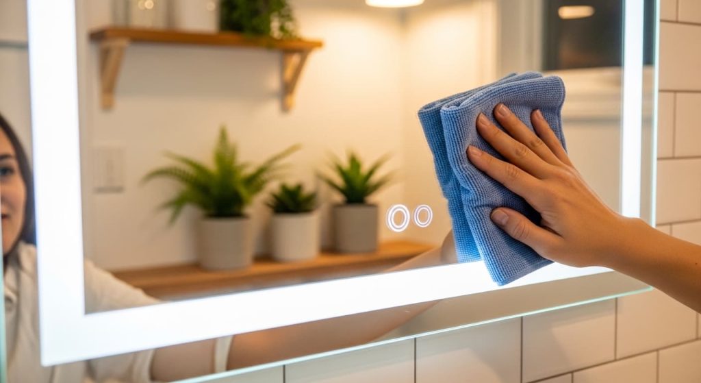 Person cleaning LED mirror sensor with microfiber cloth to prevent moisture-related shut-off issues