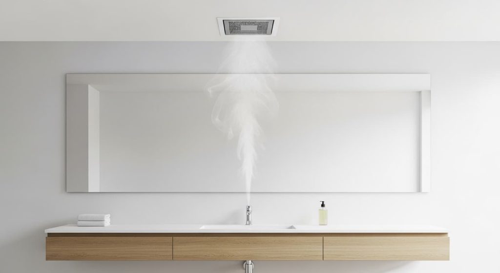 Bathroom exhaust fan running to prevent moisture damage to electrical fixtures.