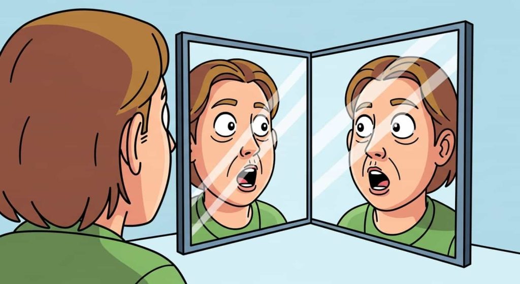 Cartoon of a true mirror showing the unflipped face as others see it