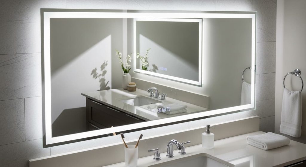 Fully functional modern LED mirror glowing evenly in clean bathroom after successful troubleshooting