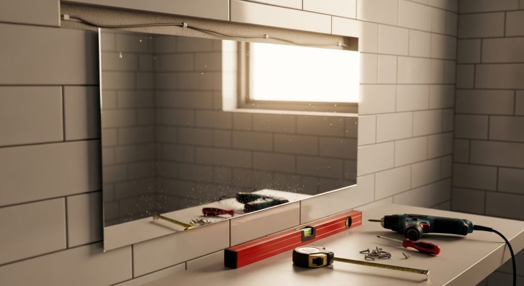 improperly mounted bathroom mirror with pinched wire and visible gap